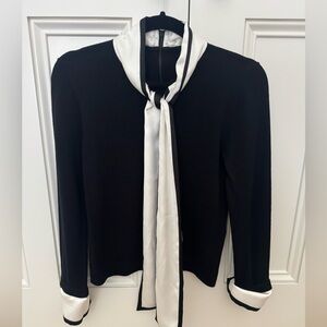 Alice + Olivia Black Knit Top with White Tie-Neck